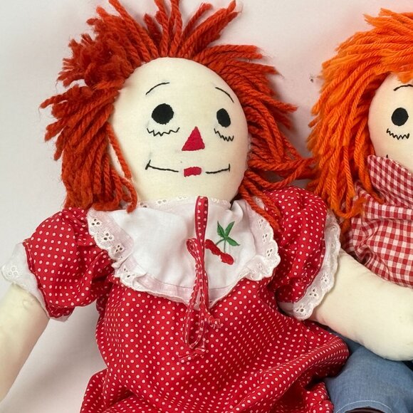 Vintage Raggedy Ann & Andy Dolls Soft Plush Pair 19” Red Polka Dot Clothes - Picture 8 of 11